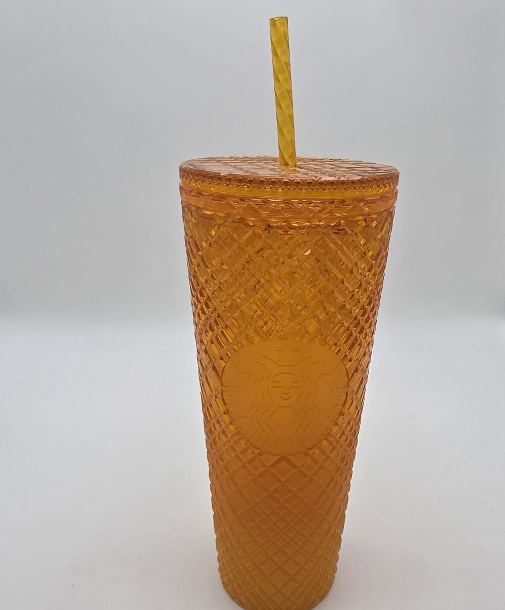 Starbucks Orange Mango Jeweled Studded Cold Cup Tumbler 24 oz Lid Straw